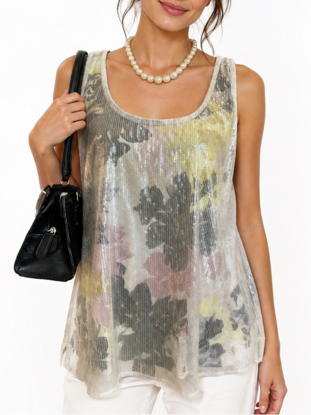 White House Black Market WHBM Sequin Floral Mesh Tank Top Medium